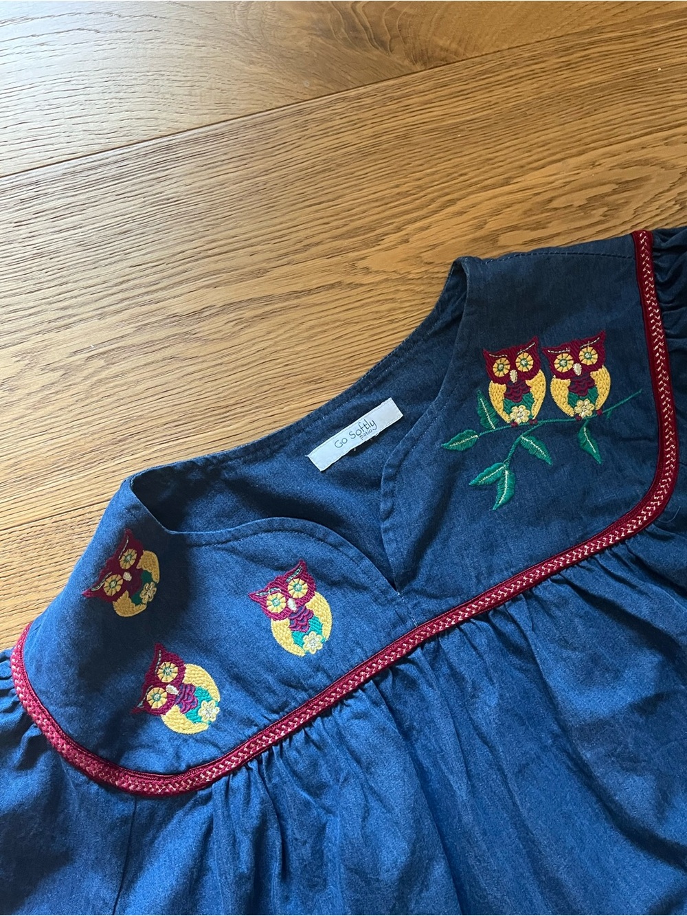 Cottagecore Denim Owl Embroidered Navy Midi Dress with Red Trim - Picture 5 of 6